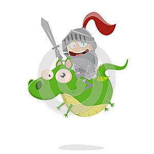 Funny cartoon knight riding on a cute dragon