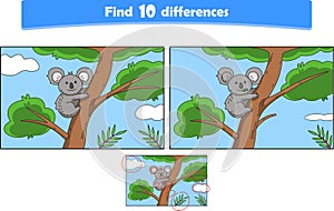 Funny cartoon koala. Find 10 differences. Kids Education games