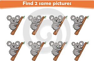 Funny cartoon koala. Find two same pictures. Educational game for children. Cartoon vector illustration