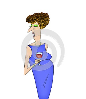 Funny Cartoon Lady Drinking Wine and Talking photo