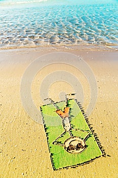 Funny cartoon laying on a towel on the beach