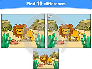 Funny cartoon lion. Find 10 differences. Kids Education games. Cartoon vector