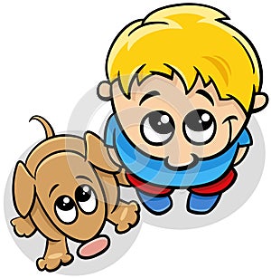 funny cartoon little boy character with his pet dog