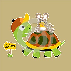 Funny cartoon of little mouse ride on turtle while eating