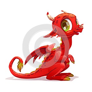 Funny cartoon little red sitting dragon.
