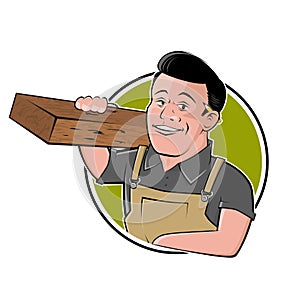 Funny cartoon logo of a carpenter in a badge