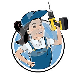 Funny cartoon logo of a craftswoman with a drill