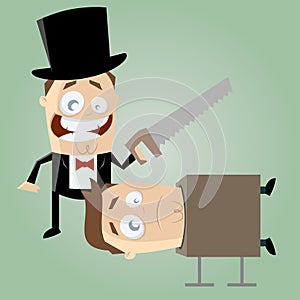 Funny cartoon magician with a saw