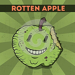 Funny, cartoon, malicious, violet monster apple, on the scratchy retro background. Vector illustration. Halloween card. Rotten app