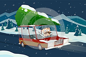 Funny cartoon man bringing home the christmas tree