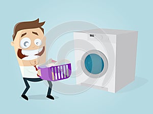 Funny cartoon man with dirty laundry and washing machine