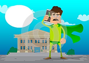 Man dressed as a superhero talking on cell phone.