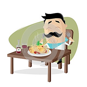 Funny cartoon man eating delicious spaghetti