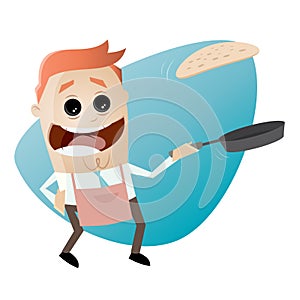 Funny cartoon man flipping a pancake