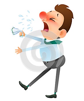 Cartoon man is sick and sneezes on white background photo