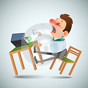 Funny cartoon man is sick and sneezes in the workplace