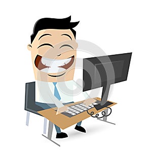 Funny cartoon man sitting on computer