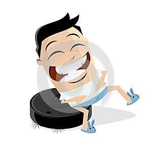 Funny cartoon man sitting on a vacuum cleaner robot