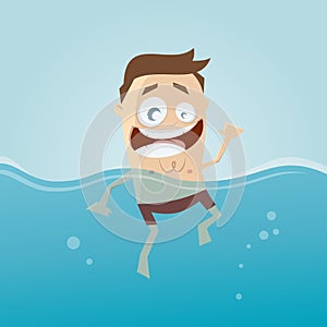 Funny cartoon man is swimming