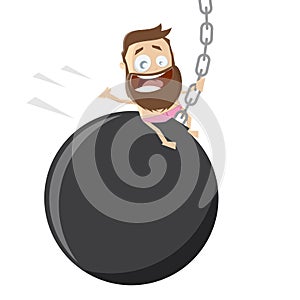 Funny cartoon man swinging on a wrecking ball