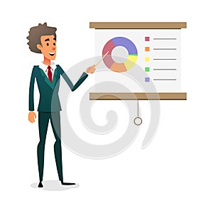 Funny cartoon manager presenting whiteboard about financial growth. Young businessman making presentation and showing photo