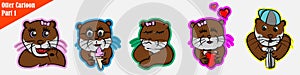 Funny cartoon many expression animals otter pet cute set beaver bundle pattern, ice cream, fall in love, waving, cranky, sullen