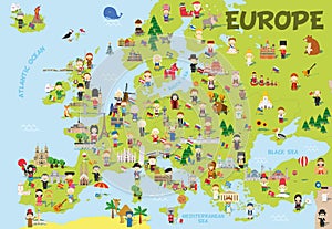 Funny cartoon map of Europe with childrens, representative monuments, animals and objects of all the countries