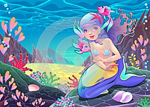 Funny cartoon mermaid in the seascape