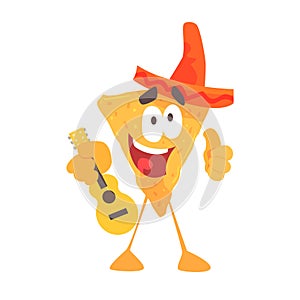 Funny cartoon Mexican nachos chip character wearing sombrero hat, traditional humanized food in traditional clothes