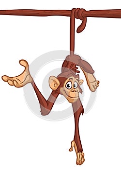 Funny cartoon monkey hang down the tree and presenting. Vector illustration.