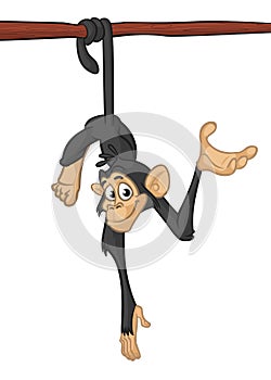 Funny cartoon monkey hang down the tree. Vector illustration.