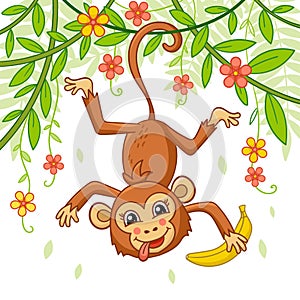 Funny cartoon monkey hanging on a branch. Vector