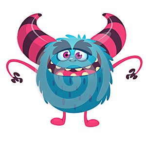 Funny cartoon monster with big mouth. Vector blue monster illustration. Halloween design.