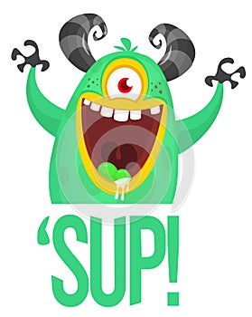 Funny cartoon monster character saying wazzup. Illustration of cute and happy alien