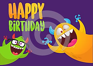 Funny cartoon monster characters set card for birthday party. Illustration of happy alien creatures. Package or invitation design