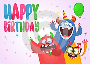 Funny cartoon monster characters set card for birthday party. Illustration of happy alien creatures. Package or invitation design