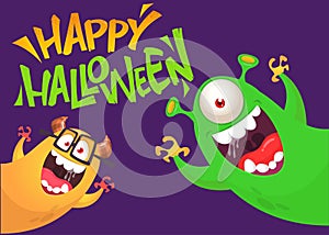 Funny cartoon monster characters set card for Halloween party. Illustration of happy alien creatures. Package or invitation design