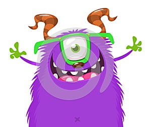 Funny cartoon smiling monster character pop up and waving hands. Illustration of happy alien. Halloween party design. Vector