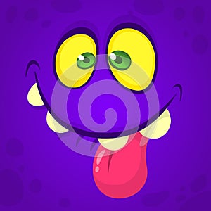 Funny cartoon monster face with big eyes showing tongue. Vector Halloween violet monster.