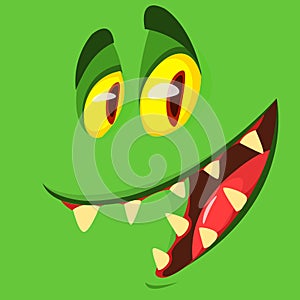 Funny cartoon monster face smiling. Vector illustration of green scary monster avatar. Halloween design