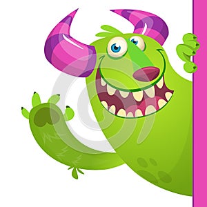 Funny cartoon monster peeping out of blank paper banner or placard