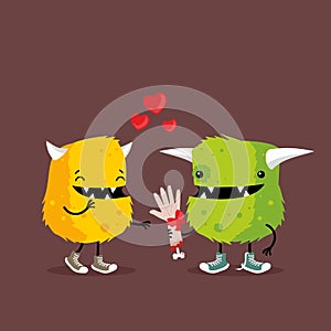 Funny cartoon monsters in love holding human arm as a gift