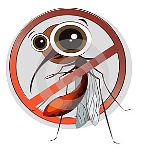 Funny cartoon mosquito on a white background. Danger sign