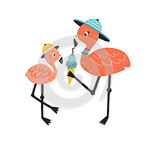 Funny cartoon mother and child flamingo eating ice cream together. Colorful cute wild bird family in hat isolated on