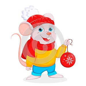 Funny cartoon mouse holds Christmas tree ball