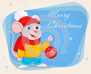 Funny cartoon mouse holds Christmas tree ball