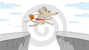 Funny cartoon mouse with tie and case like a businessman jumps through cliff vector illustration, obstacle in career and business