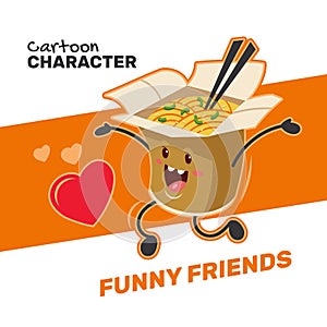 Funny and cartoon noodle drawing. Vector flat. The noodles rejoice and run screaming and smiling.