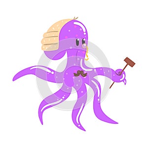 Funny cartoon octopus judge with gavel colorful character vector Illustration