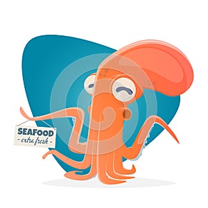 Funny cartoon octopus with seafood sign